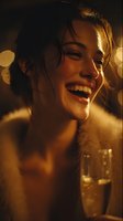 Young woman with radiant smile in warm golden light wearing fur coat and holding champagne glass, creating festive luxury atmosphere.