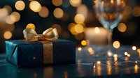 Dark blue gift box with gold ribbon bow, surrounded by warm golden bokeh lights and candles on reflective surface, suitable for holiday, celebration, and festive marketing materials.