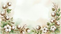 Watercolor cotton flowers and green leaves frame on soft beige background, elegant botanical border with copy space for cards and invitations.