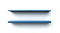 Empty blue wooden shelves casting soft shadow on white wall, minimalist modern interior design element for product display and storage solutions.