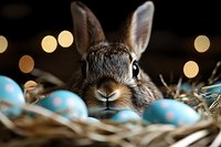 Adorable brown bunny peeking over Easter nest with blue polka dot eggs, soft bokeh lights in background creating magical holiday atmosphere.