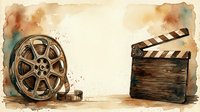 Vintage film reel and movie clapper board on aged paper background with watercolor splashes, suitable for cinema, entertainment, and media projects.