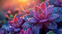 Pink succulent plant with water drops in magical sunset light, glowing bokeh effect creates dreamy atmosphere. Macro photography captures morning dew on petals.