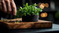 Fresh watercress microgreens growing in black ceramic pot on wooden cutting board with blurred bokeh lights, dark moody food photography styling.
