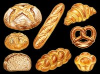 Assorted fresh baked bread and pastries isolated on transparent background. Includes croissant, baguette, pretzel, sourdough loaf, whole wheat slice, braided loaf and muffin. Ready for bakery designs, menus, t-shirts and print-on-demand products.