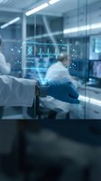Smartwatch projecting holographic health data display with heartbeat and DNA in a futuristic medical laboratory setting.