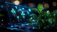 Futuristic agriculture concept with laptop displaying glowing plant hologram next to real green leaves, digital farming technology visualization on dark background.