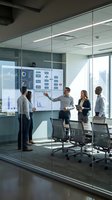 Business team analyzing data charts on digital display in modern glass conference room with city view for corporate strategy meetings.