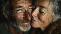 Elderly couple sharing intimate moment, senior man and woman embracing with genuine smiles, weathered faces showing lifetime of love and companionship together.