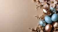 Decorated Easter eggs in blue and bronze tones with spring cherry blossoms on beige background, festive holiday composition with copy space for text.