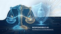 Digital scales of justice with AI chip and cybersecurity shield representing responsible artificial intelligence, fairness and governance in technology.