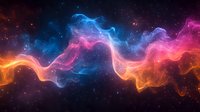 Vibrant cosmic nebula with flowing waves of blue, pink, and orange energy against dark space background, stars scattered throughout celestial formation.