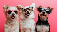 Three happy small dogs wearing sunglasses posing together against pink background, smiling with tongues out. Fun pet portrait showing friendship and joy.