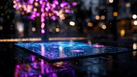 Wet surface reflecting vibrant purple and blue neon lights with bokeh effect in night city. Raindrops create magical atmosphere on dark reflective ground.