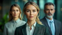 Professional businesswoman in green blazer leads team, confident expression with colleagues in background, corporate office setting, leadership concept.