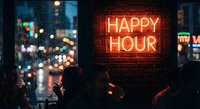 Red neon happy hour sign glowing on brick wall in cozy bar with rainy window bokeh lights creating warm atmospheric evening ambiance for hospitality marketing.