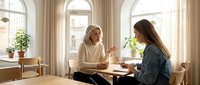 Two professional women having business meeting in bright modern office with large arched windows and natural light for corporate communication concepts.