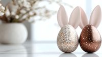 Metallic rose gold and copper Easter eggs with bunny ears on white marble surface, elegant holiday decoration with soft blurred floral background.