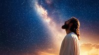 Bearded man in white robe gazing up at dramatic night sky with Milky Way galaxy and glowing clouds, spiritual meditation concept expressing wonder and connection.