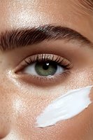 Close-up of green eye with thick dark eyebrow, long eyelashes and white moisturizer cream streak on glowing skin with natural freckles and dewy finish.