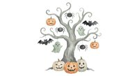 Halloween tree with cute pumpkins, ghosts, bats and spiders on white background. Spooky autumn decoration for seasonal designs and holiday projects.