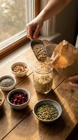 Woman pouring oats from measuring cup into glass jar surrounded by healthy ingredients including nuts, seeds and dried cranberries on rustic wooden table by window.