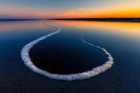 Curved line of sea foam creates natural S-shape pattern on dark beach at sunset, with orange sky reflecting in calm water surface. Minimalist seascape composition.