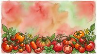Watercolor tomato border with ripe red and orange fruits, green foliage, and sliced sections on soft pink, peach, and green wash background. Suitable for recipe cards, menus, food packaging, and culinary designs.