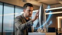 Focused Caucasian male entrepreneur examining a rocket model with glowing blue arrows in a modern office, symbolizing startup growth and innovation.