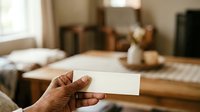 Close-up of hand holding blank white business card in modern bedroom interior with bed and wooden furniture, suitable for branding and corporate identity mockups.