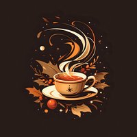 Steaming coffee cup decorated with autumn leaves and berries on dark background, warm orange and brown tones create cozy seasonal composition.