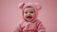 Happy baby wearing pink teddy bear costume with ears on hood against matching pink background, expressing joy with wide smile.