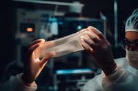 Medical professional in protective gear examining transparent medical glove in laboratory setting with dramatic lighting and blue tones, quality control concept.
