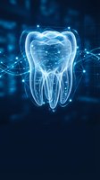 Digital holographic tooth with glowing blue neural networks and data connections for modern dental technology and healthcare innovation concepts.