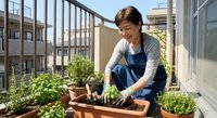 Young Asian woman gardening on urban balcony, planting herbs in terracotta pots, sustainable living and home cultivation concept for apartment dwellers.