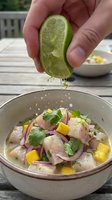 Caucasian hand squeezing fresh lime juice over ceviche dish with raw fish, corn, red onion and cilantro in bowl. Cooking preparation outdoors.