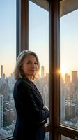 Mature woman with shoulder-length gray hair, Caucasian ethnicity, wearing dark business blazer, standing by floor-to-ceiling windows overlooking urban skyline at sunset. Professional corporate environment for business, leadership, success themes.