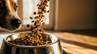 Dog kibble pouring into metal bowl with curious pet watching, dry food feeding time in warm kitchen setting for pet care and nutrition concepts.
