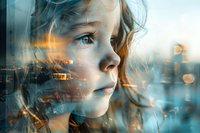 Double exposure portrait of young Caucasian girl with curly hair combined with urban cityscape at sunset, dreamy atmospheric mood with bokeh lights and reflections.