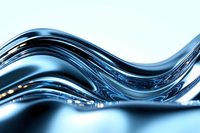 Flowing liquid metal waves create dynamic curves and reflective surfaces in cool blue tones against light background, abstract technological design element.