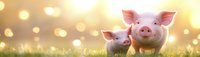 Two adorable pink piglets in green grass at sunset with magical golden bokeh lights creating dreamy atmosphere, farm animals in nature background.