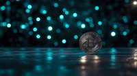 Silver bitcoin coin on reflective surface with blurred turquoise bokeh lights creating magical atmosphere. Cryptocurrency concept for financial technology.