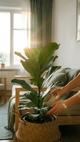 Woman caring for fiddle leaf fig houseplant in bright living room with natural sunlight streaming through window creating warm atmosphere for indoor gardening.