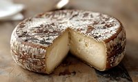 Artisanal soft cheese wheel with white bloomy rind and creamy interior, one slice removed showing smooth texture, photographed on rustic wooden surface.