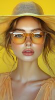 Young woman in transparent glasses and straw hat against yellow background. Natural makeup, loose hair strands, and coral lips create fresh summer look.