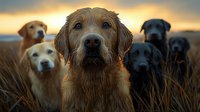 Group of hunting dogs in tall grass at sunset, golden retriever and black labradors looking at camera with dramatic backlit sky creating moody atmosphere.