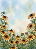 Watercolor yellow daisy flowers border frame with soft blue sky background for spring summer greeting cards and botanical design projects.