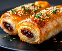 Flaky pastry rolls filled with sweet berry jam, topped with honey glaze, sesame seeds and fresh herbs on black plate. Close up view of homemade dessert.