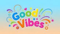 Colorful good vibes text with decorative swirls and shapes on gradient background. Motivational typography design for positive messaging and uplifting content.