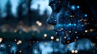 Silhouette profile with starry cosmic texture overlay against blurred bokeh lights background in deep blue tones creates dreamy atmospheric composition.